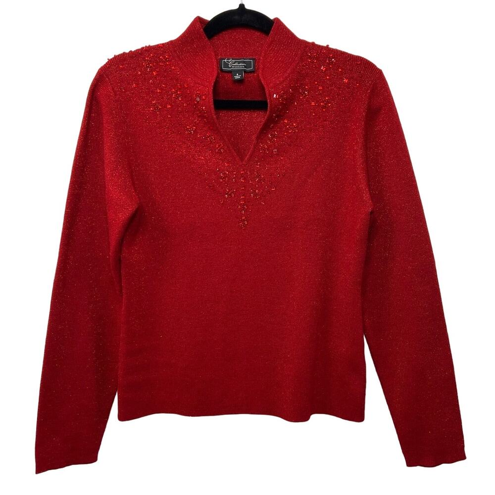 Dressbarn Embellished Rhinestone Sweater Long‎ Sleeve Pullover Christmas Red S
